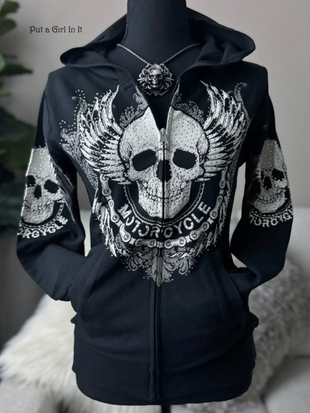 New Women's Biker Crystal Black Motorcycle Skull Wings Hoodie Zip Jacket L XL